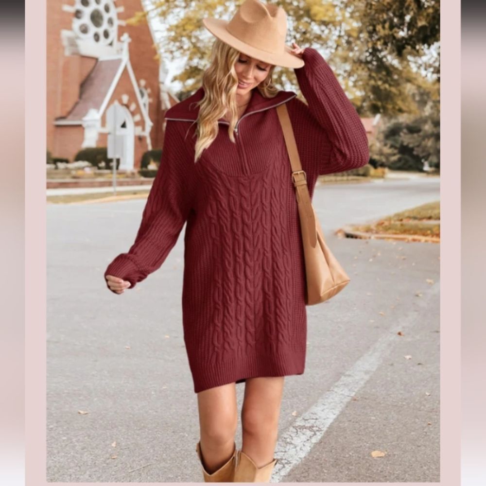 Cable Knit Sweater Dress - Burgundy